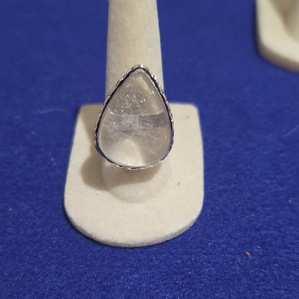 Elegant Sterling Plated Ring With A Clear Quartz Teardrop Gem Stone
